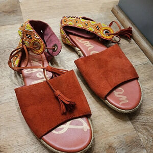 SAM EDELMAN Shae Coral Suede ESPADRILLES Sandals w Multi Beads